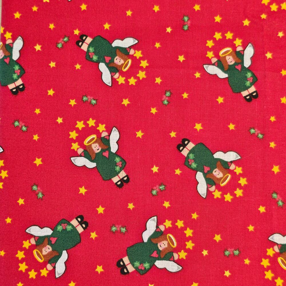 Christmas Angel Cotton Fabric Red Gold Stars Holiday Toss 19x44" Trena Hegdahl